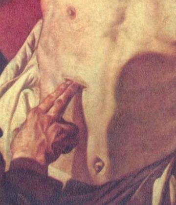 Bild "Der ungläubige Thomas", Ausschnitt "Finger in die Wunde legen". Gerrit van Honthorst (Wikipedia)